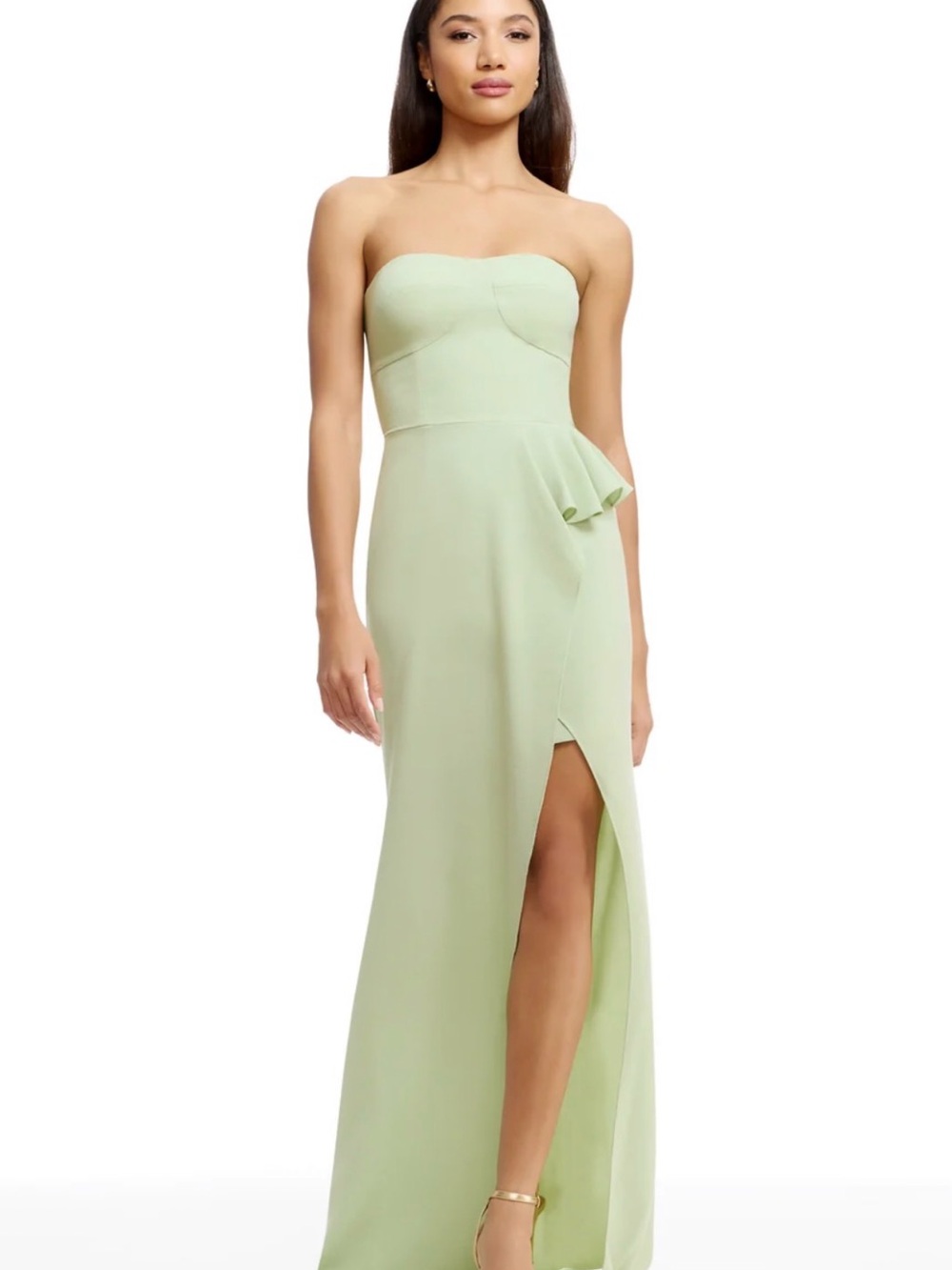 Dress The Population Kai Strapless Sage Green Evening Gown with Side Ruffle